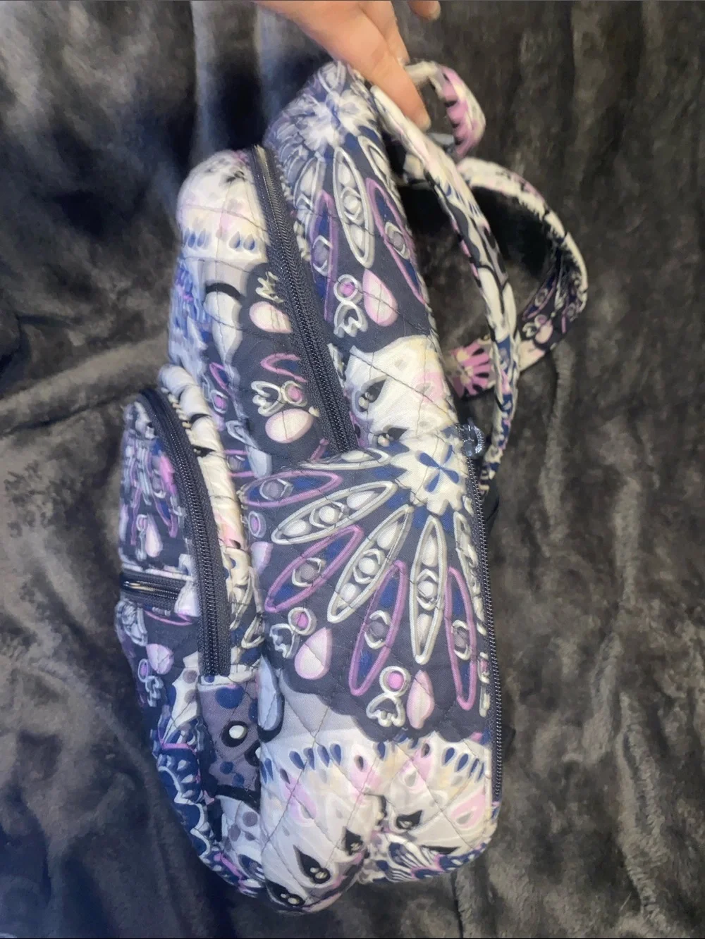 Vera Bradley Quilted Mini Backpack in Navy, Purple & Pink Pattern